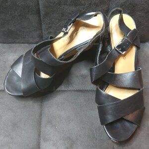 Franco Sarto Black Leather Crisscross Wedge Sandals | Size 7.5